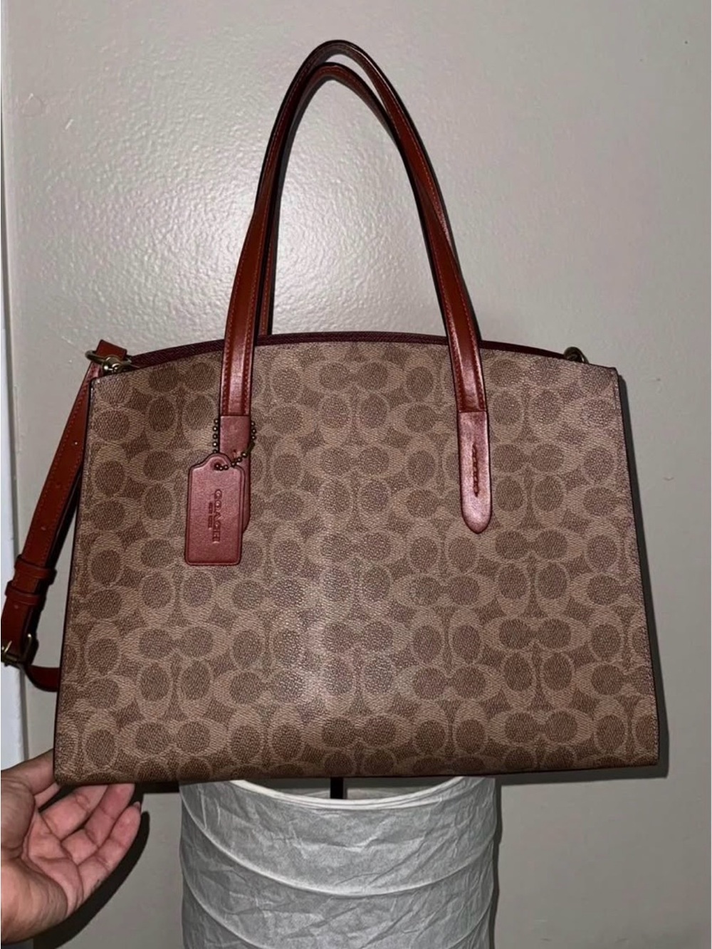 Coach Brown Signature Canvas Shoulder Tote with Saddle Trim